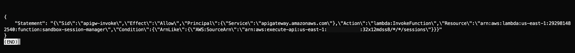 add-permission output showing the apigw-invoke statement scoped to the sessions routes
