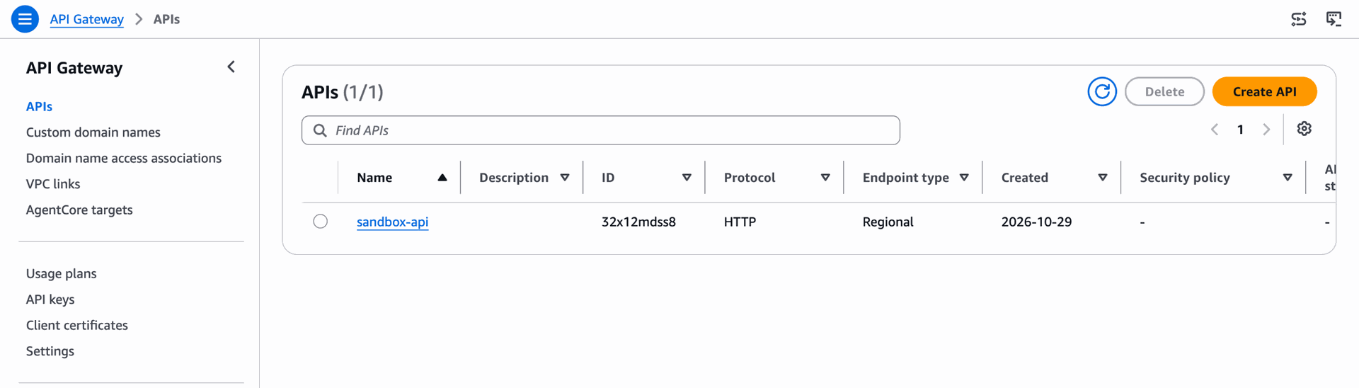 sandbox-api HTTP API listed in the API Gateway console