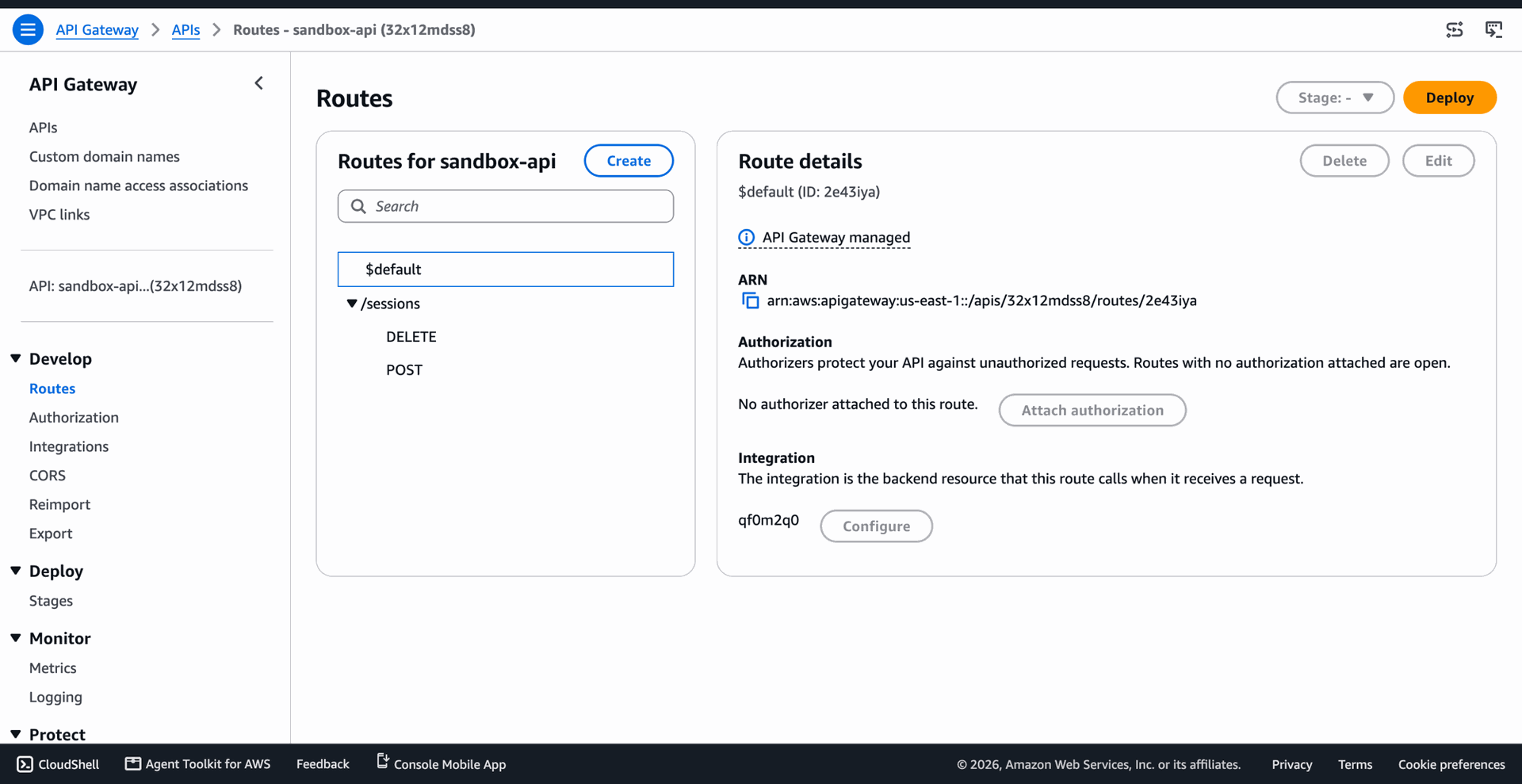 POST and DELETE routes under /sessions in the API Gateway console