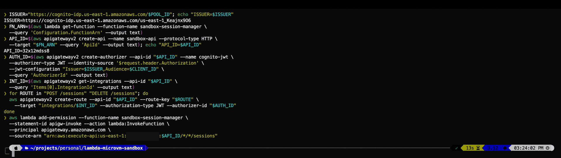 Creating the HTTP API, JWT authorizer, routes and the Lambda invoke permission