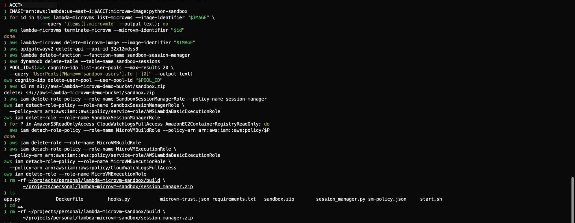 Running the full teardown: terminating the VM, deleting the image, API, function, table, pool, roles and local artifacts