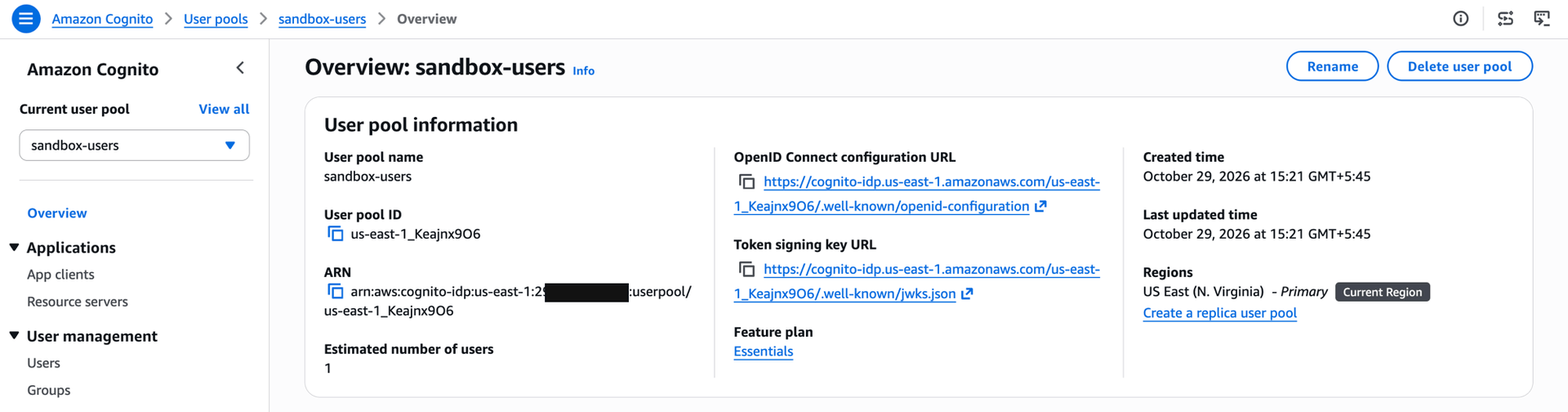 sandbox-users pool overview showing the user pool ID, ARN and OIDC configuration URL