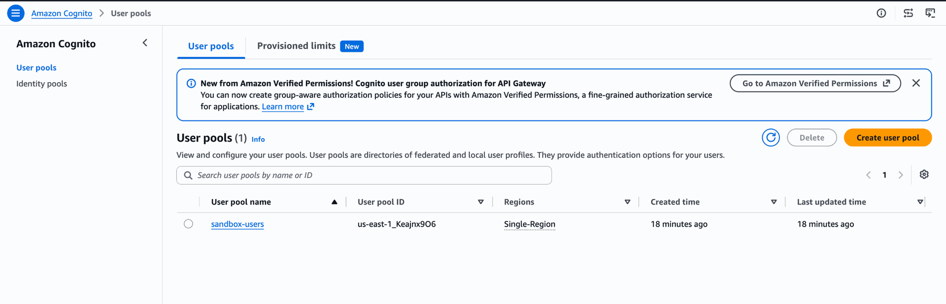 sandbox-users user pool listed in the Cognito console