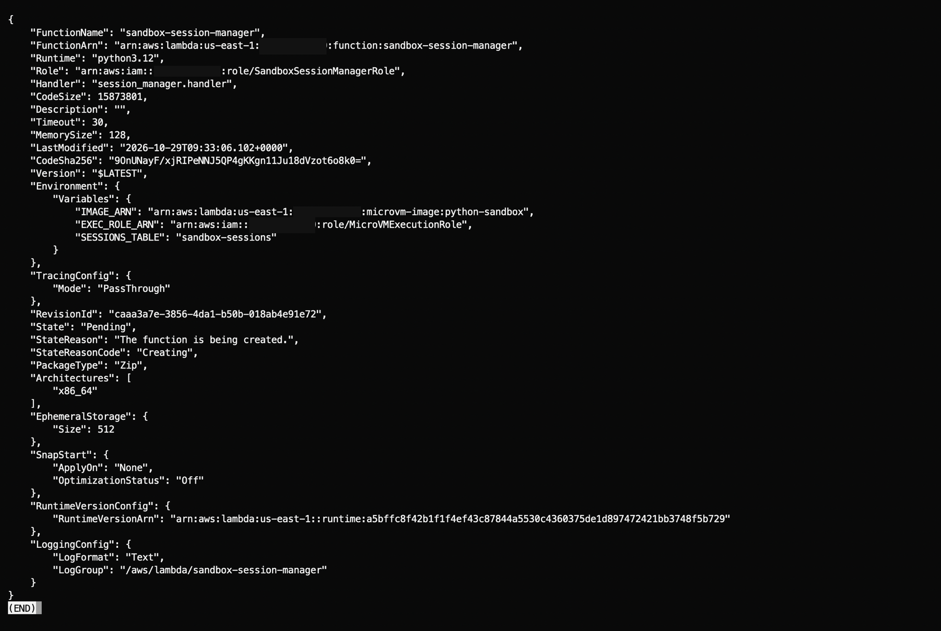 create-function output showing the function ARN, environment variables and Pending state