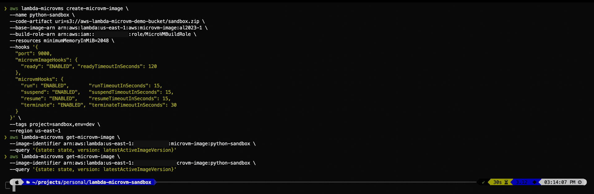 Running create-microvm-image with hooks enabled, then polling for the build state