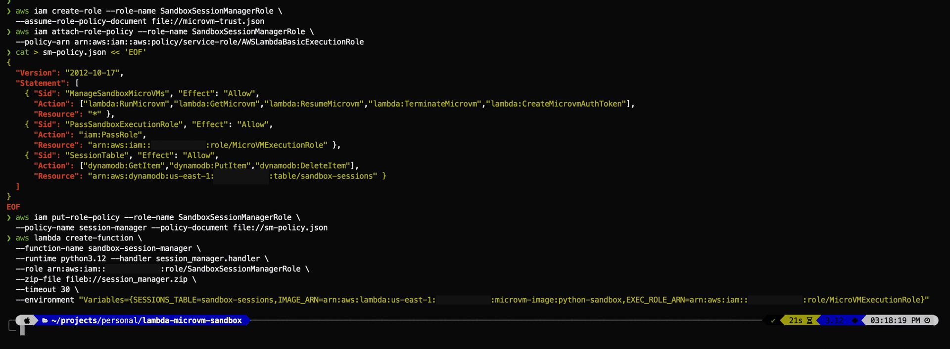 Running create-role, put-role-policy and create-function for the session manager