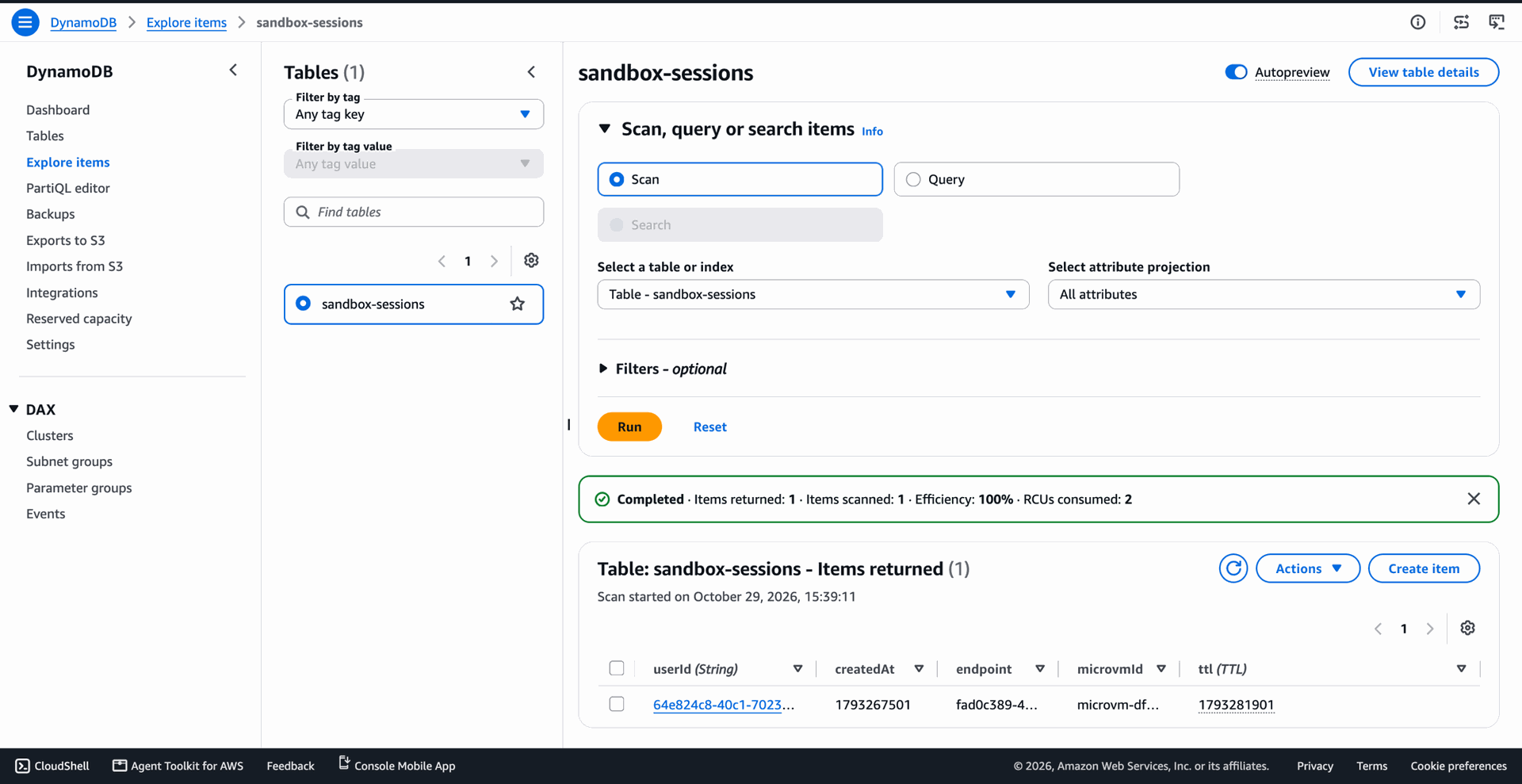 One item in the sandbox-sessions DynamoDB table with userId, endpoint, microvmId and ttl