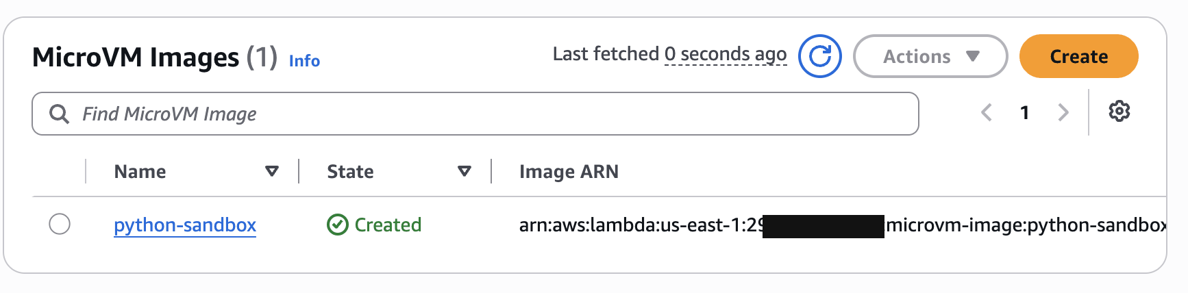 python-sandbox image in the Created state in the MicroVM Images console
