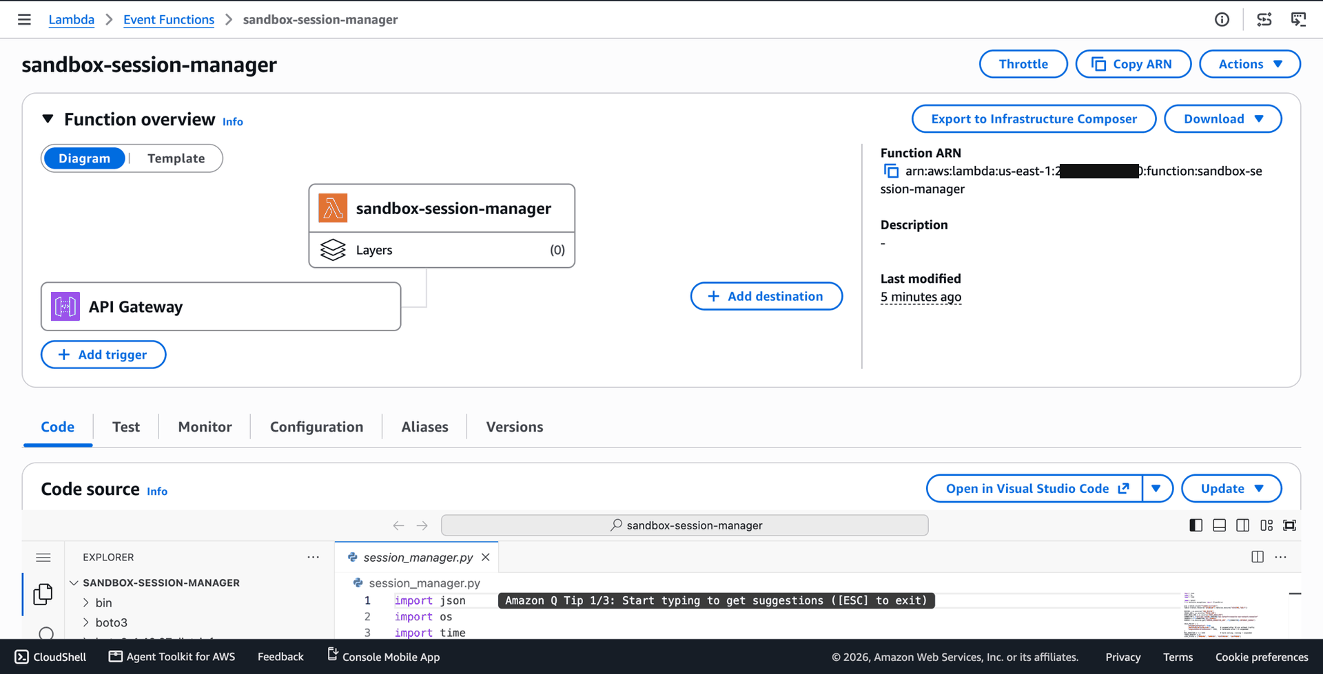 sandbox-session-manager function overview with API Gateway as the trigger
