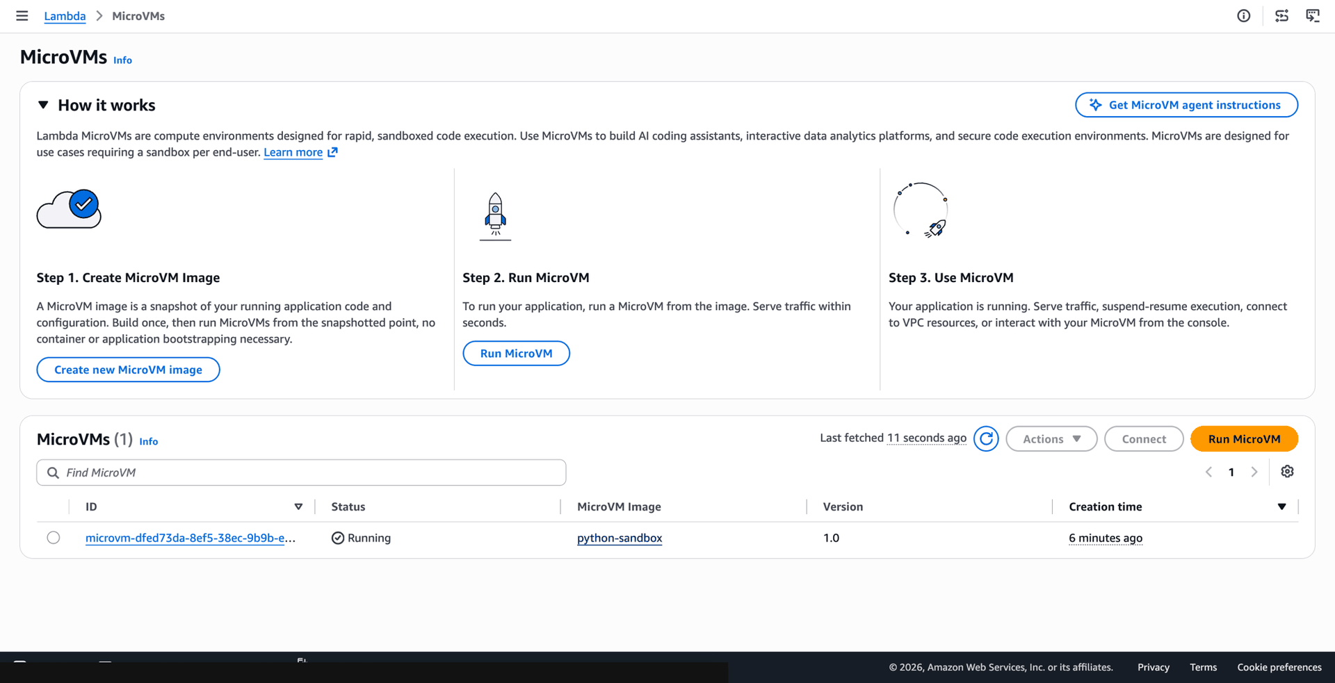 One Running MicroVM from the python-sandbox image in the Lambda MicroVMs console