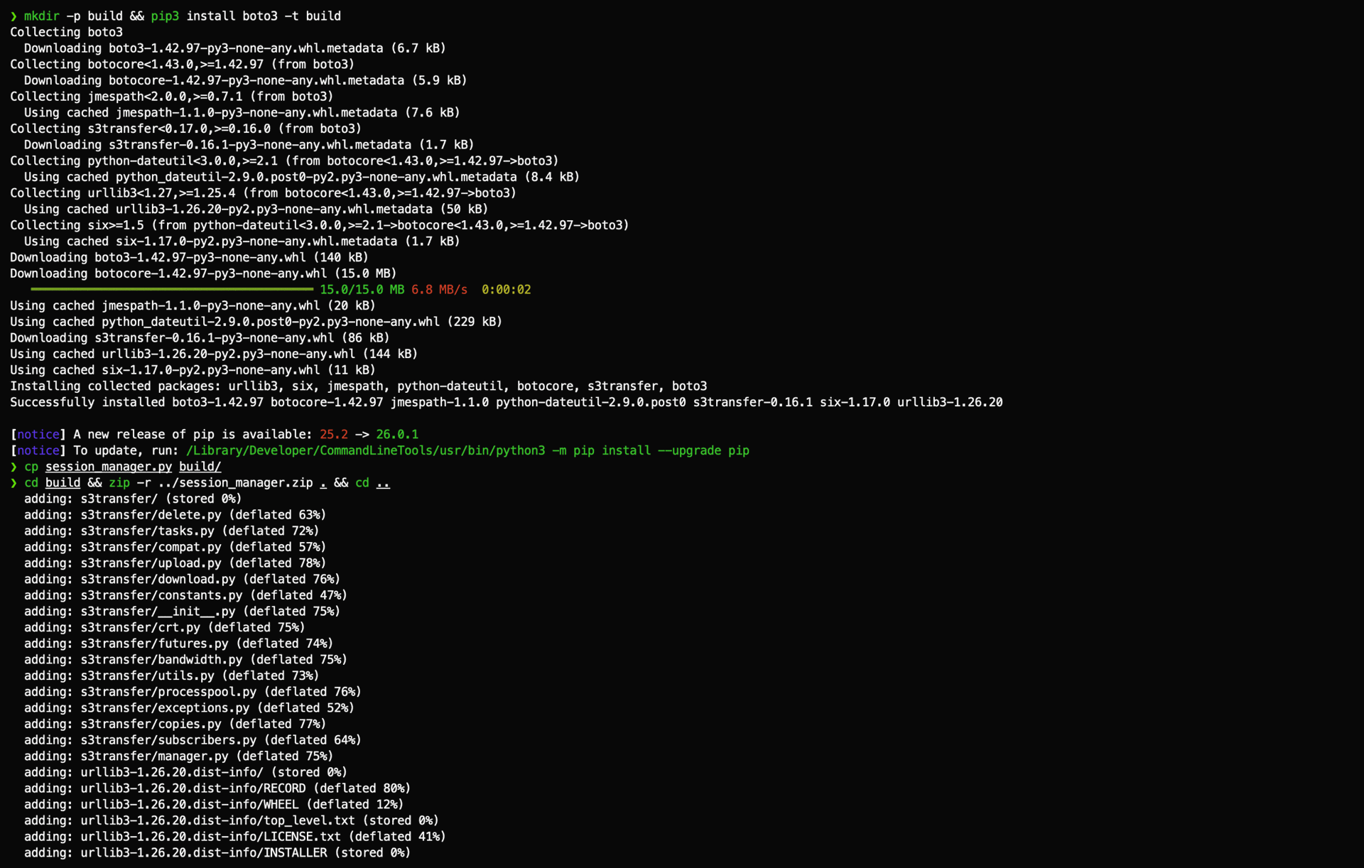 Installing a recent boto3 into build/ and zipping it with session_manager.py