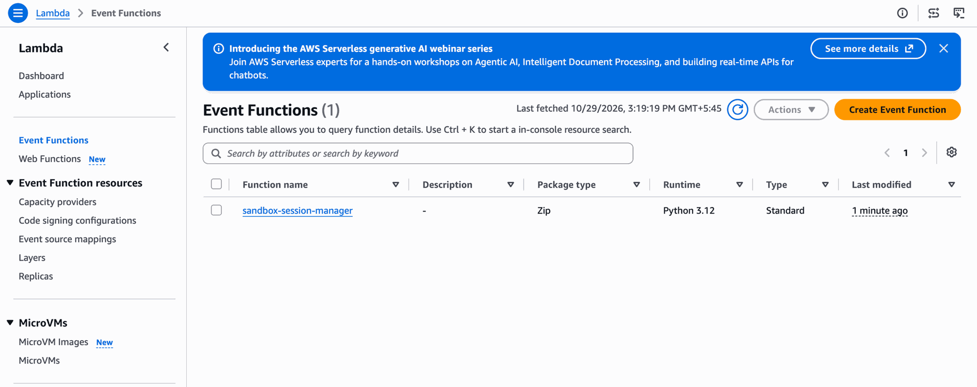 sandbox-session-manager listed in the Lambda Functions console
