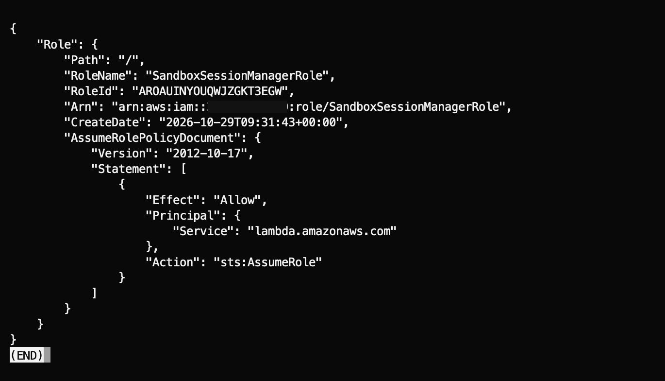 get-role output for SandboxSessionManagerRole showing the lambda.amazonaws.com trust policy